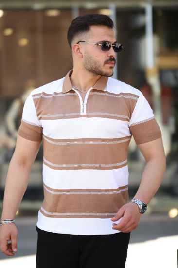 Erkek Yakalı Fermuarlı çift Renk Kısa Kollu T-shirt resmi